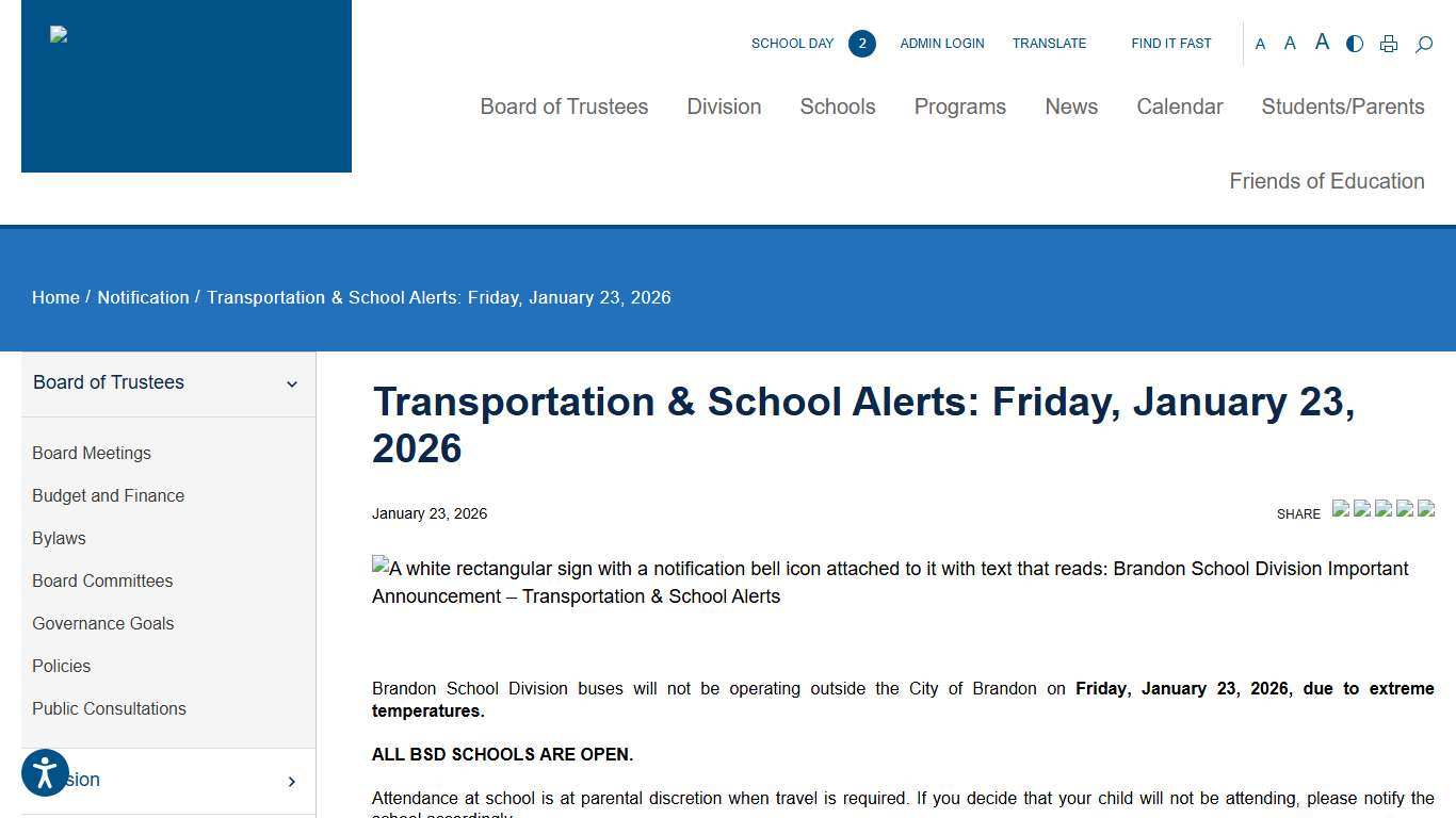 Transportation & School Alerts: Friday, January 23, 2026
